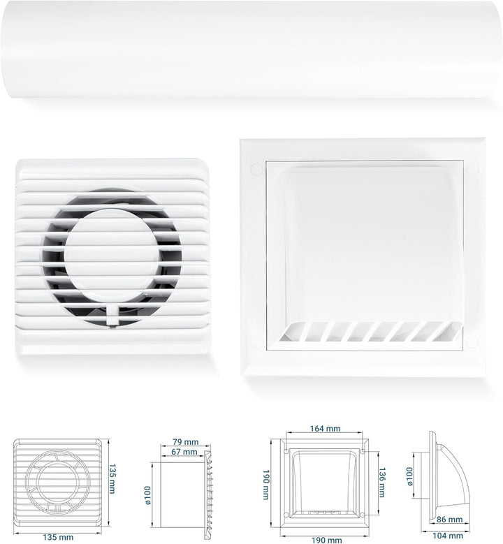 SYSTERM Abluftset Ø 100 mm mit Ventilator, Lüftungsanlage und Aussenlüftung Wetterschutzgitter. Klei