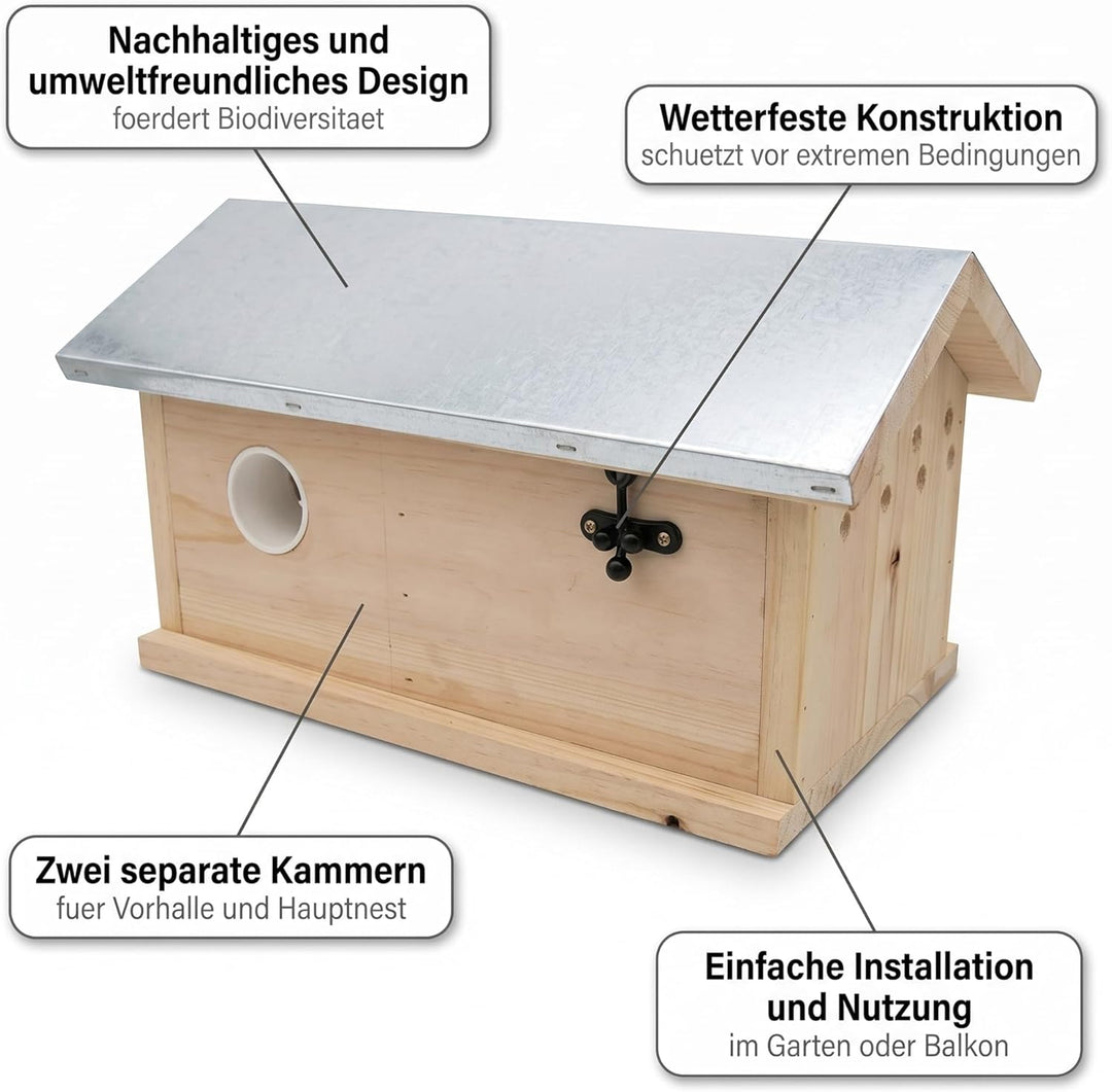 Mucola Hummelhaus aus Holz 28,5x15,5x17cm Hummelkasten Nistkasten | wetterfestes aufklappbares Dach