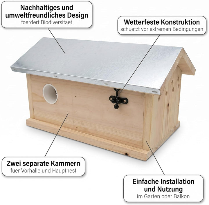 Mucola Hummelhaus aus Holz 28,5x15,5x17cm Hummelkasten Nistkasten | wetterfestes aufklappbares Dach