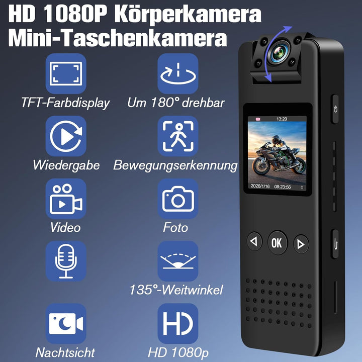 cyi Mini Action Kamera, Tragbare Body Camera mit 180° Drehbarem Objektiv, FHD Körperkamera Mini mit