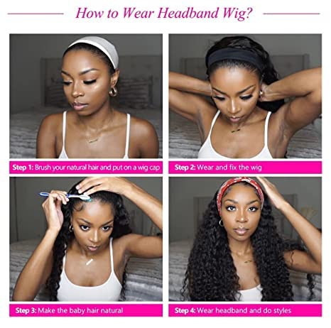 Perücke für Damen Natürlich Brasilianisch Deep Wave Human Hair Wig Stirnband Menschliches Haar 10 In