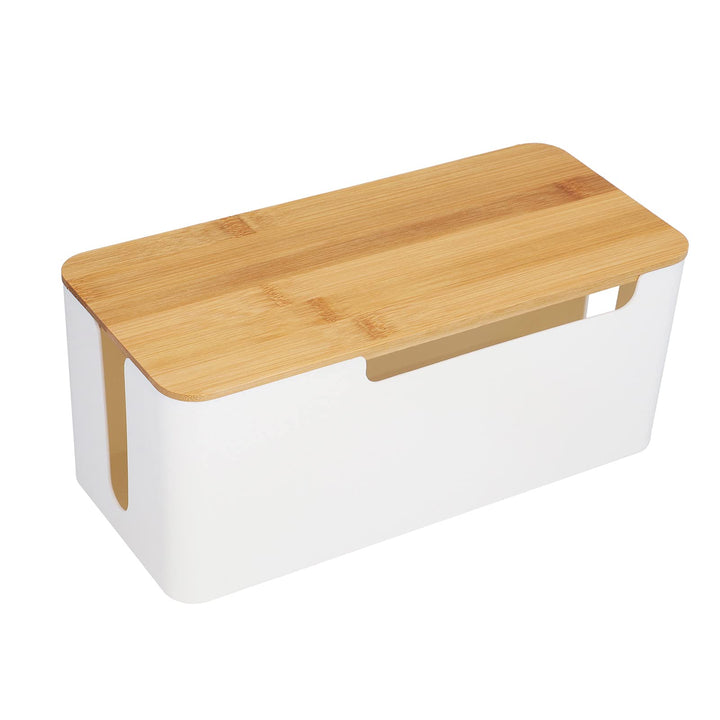 Kabelmanagement Box mit Holz Deckel, 31 x 14 x 12,8cm Weiss Kunststoff Kabelbox Schreibtisch Kabel O