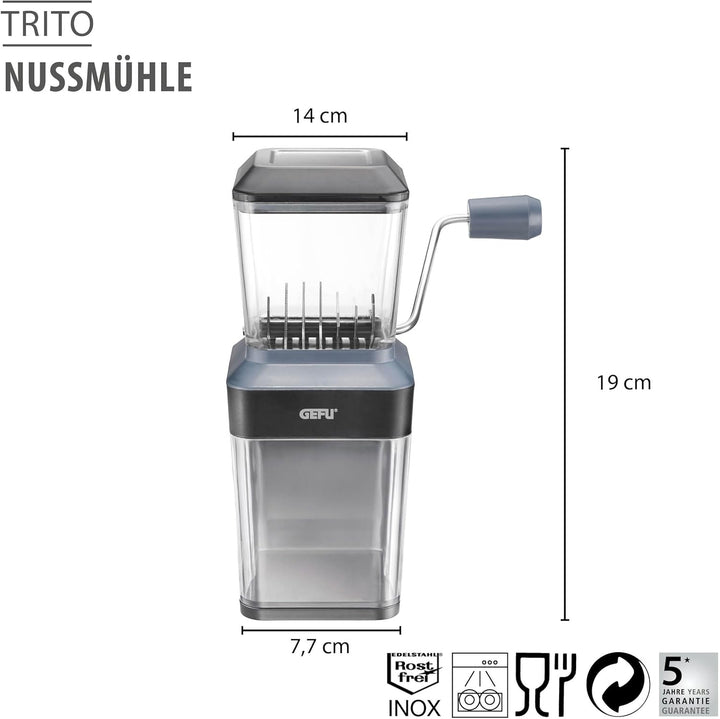 GEFU Nussmühle TRITO | Edelstahl-Schneidwerk mit Kurbel | Für Nüsse, Mandeln, Schokolade, Kekse | Mi