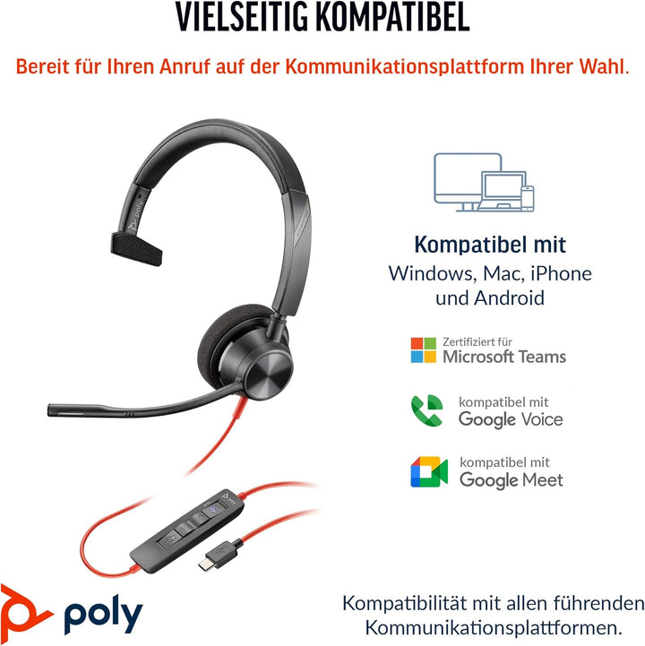 Schnurgebundenes USB-C-Headset Poly Blackwire 3310 – Flexibler Mikrofonarm – Monaurales Design – Ver
