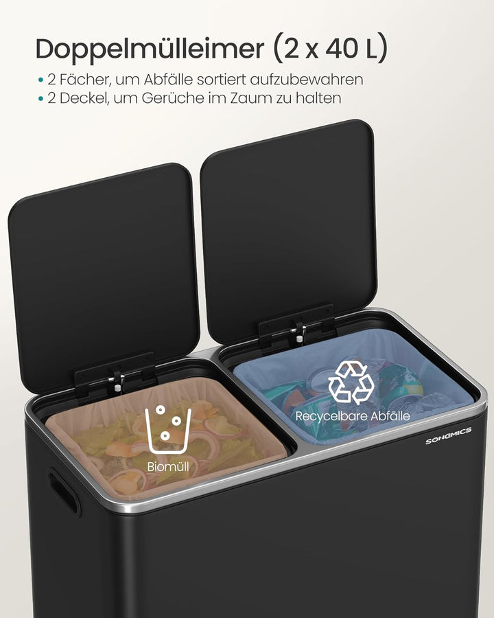 SONGMICS Mülleimer, 2 x 40 Liter, 2 Fächer, Mülltrennsystem, Treteimer, Abfalleimer Küche, 15 Müllsä