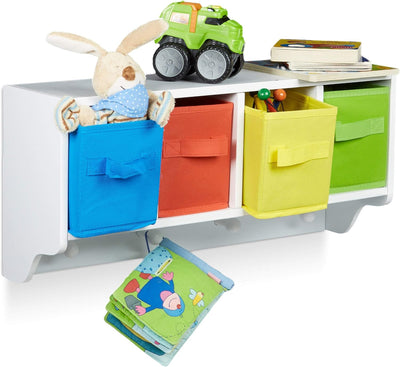 Relaxdays Kinder Wandregal ALBUS, Wandgarderobe mit 4 Kleiderhaken, Kinderregal mit 4 bunte Faltboxe