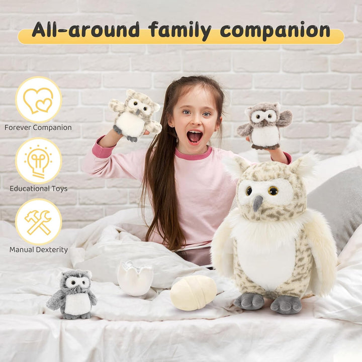 MorisMos gross Eule Kuscheltier XXL Set, 40cm hoch riesen Eule Kuscheltier mit 3 Babys im Bauch, owl