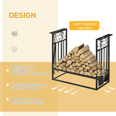 HOMCOM Kaminholzständer mit Kaminbesteck, Brennholzregal, Feuerholzablage, Kaminwerkzeug, Stahl Schw