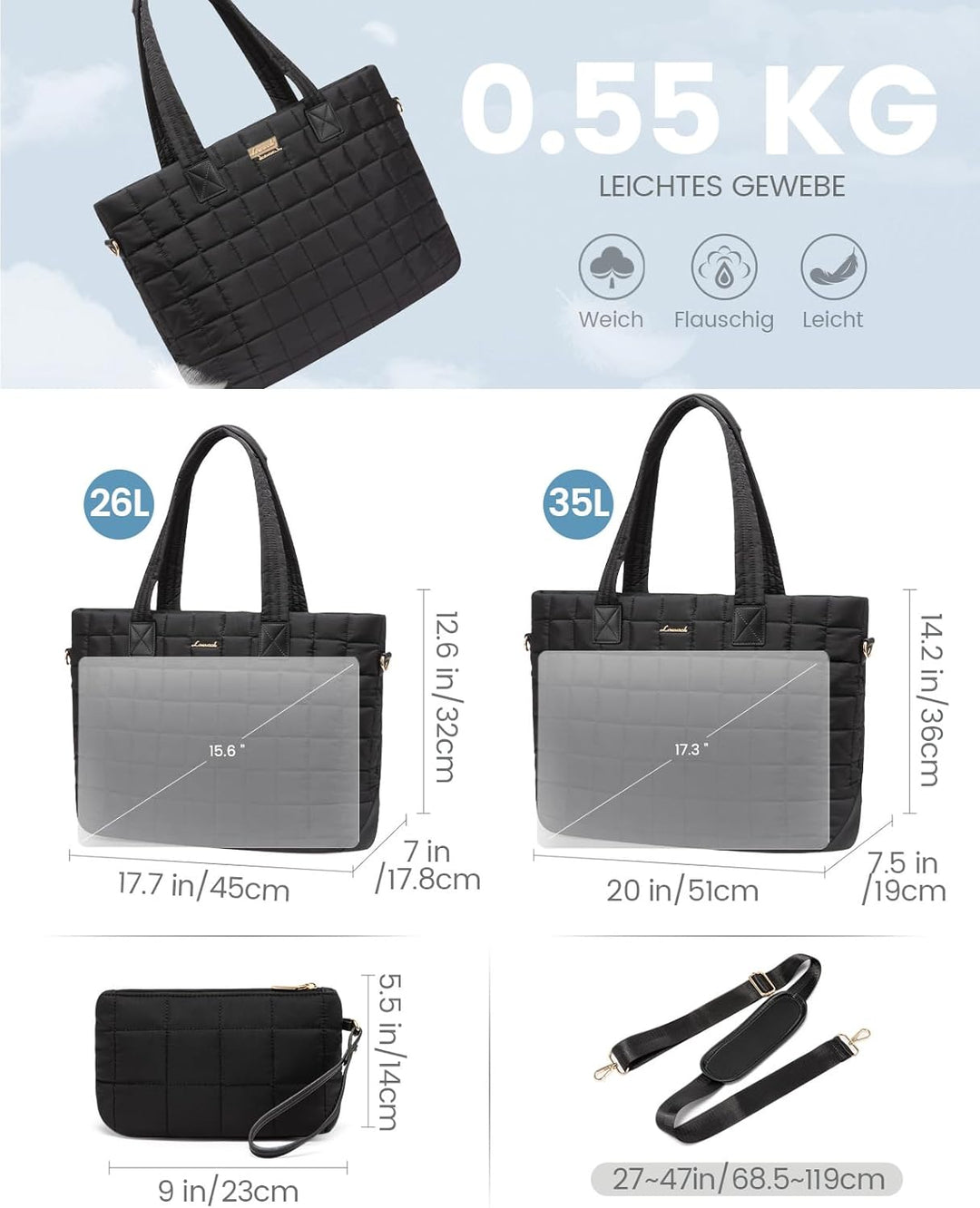 LOVEVOOK Laptoptasche Damen 17 Zoll，Laptop Handtasche Arbeitstasche Gross，Puffer Shopper Tasche Schu