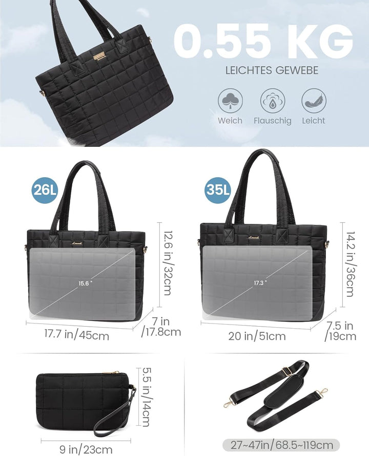 LOVEVOOK Laptoptasche Damen 17 Zoll，Laptop Handtasche Arbeitstasche Gross，Puffer Shopper Tasche Schu