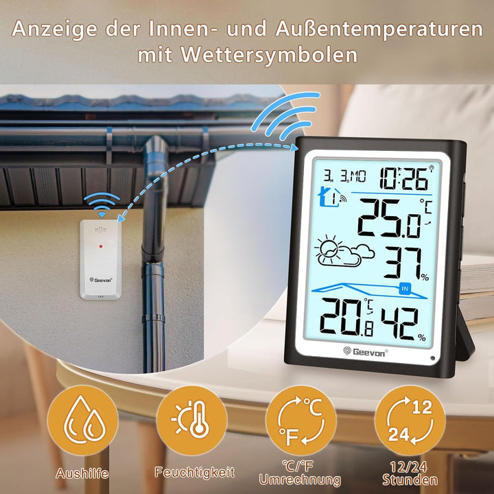 Geevon Wetterstation Funk mit Aussensensor, DCF Digital Wettervorhersage, Innen/Aussen Temperatur Hy
