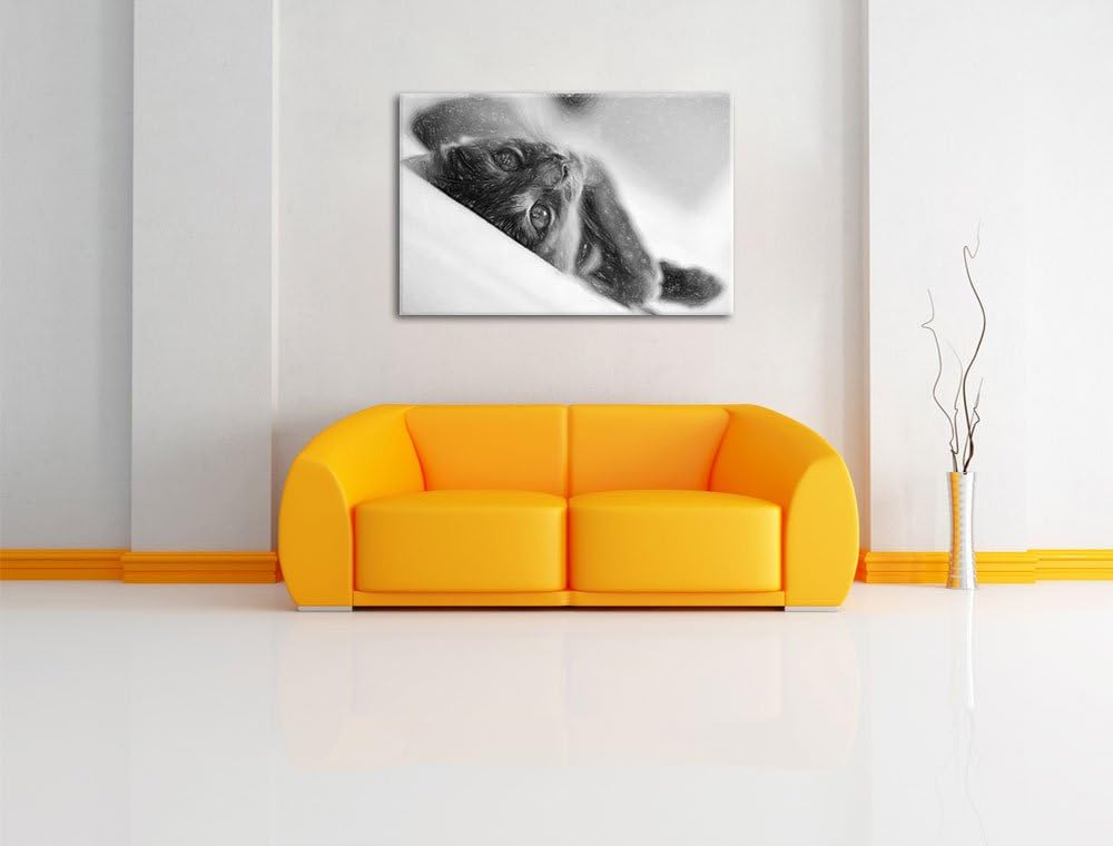 Pixxprint Niedliche Katze Liegt im Bett Bunstift Effekt, Format: 100x70 auf Leinwand, XXL riesige Bi