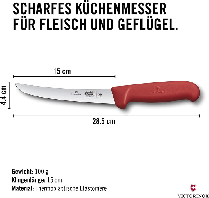 Victorinox Fibrox Ausbeinmesser, Scharfes Küchenmesser für Fleisch und Geflügel, 15 cm, Gebogene Kli