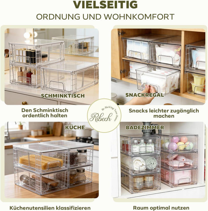 4er-Set Mittelgrosse Stapelbare Aufbewahrungsschubladen – Transparente Acryl-Organizer mit Griffen,