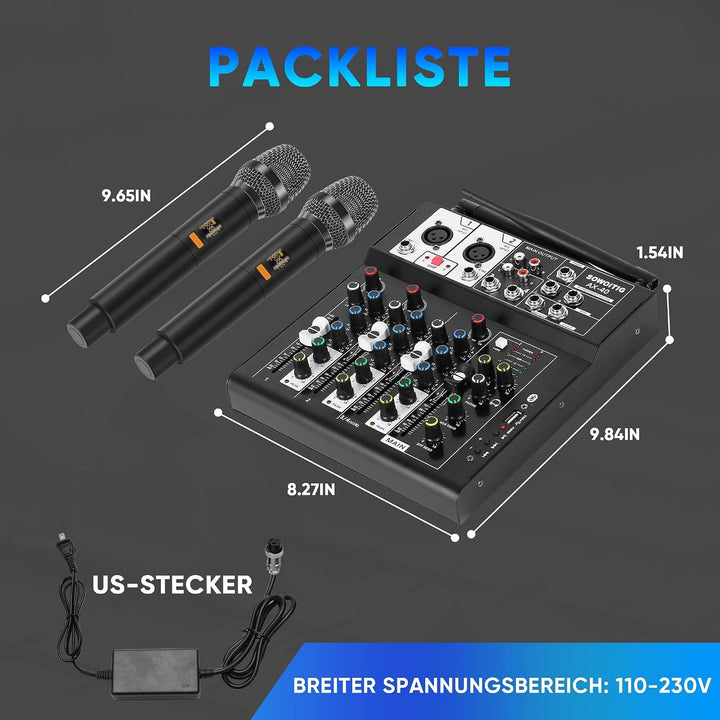 Karaoke Mischpult mit 2 kabellosen Mikrofonen, 4-Kanal Audio Mixer DJ Konsole Musik Soundboard Draht