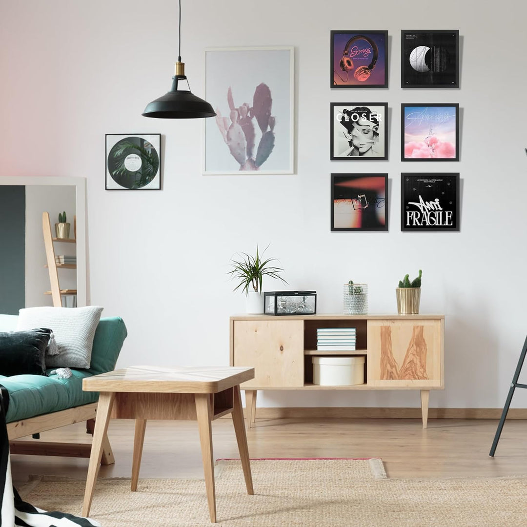 2 Stück Schallplattenrahmen für die Wand Display Album Cover mit Echtglas Schwarz 12,5x12,5 Rahmen f