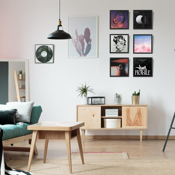 2 Stück Schallplattenrahmen für die Wand Display Album Cover mit Echtglas Schwarz 12,5x12,5 Rahmen f
