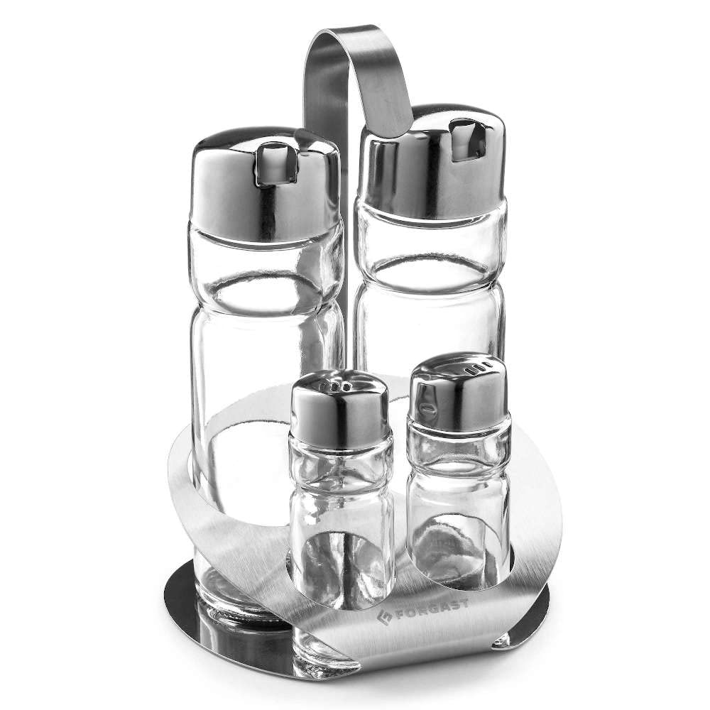 Menage Set | 4-teilig für Pfeffer, Salz, Öl und Essig | aus Edelstahl und transparentem Glas | spülm