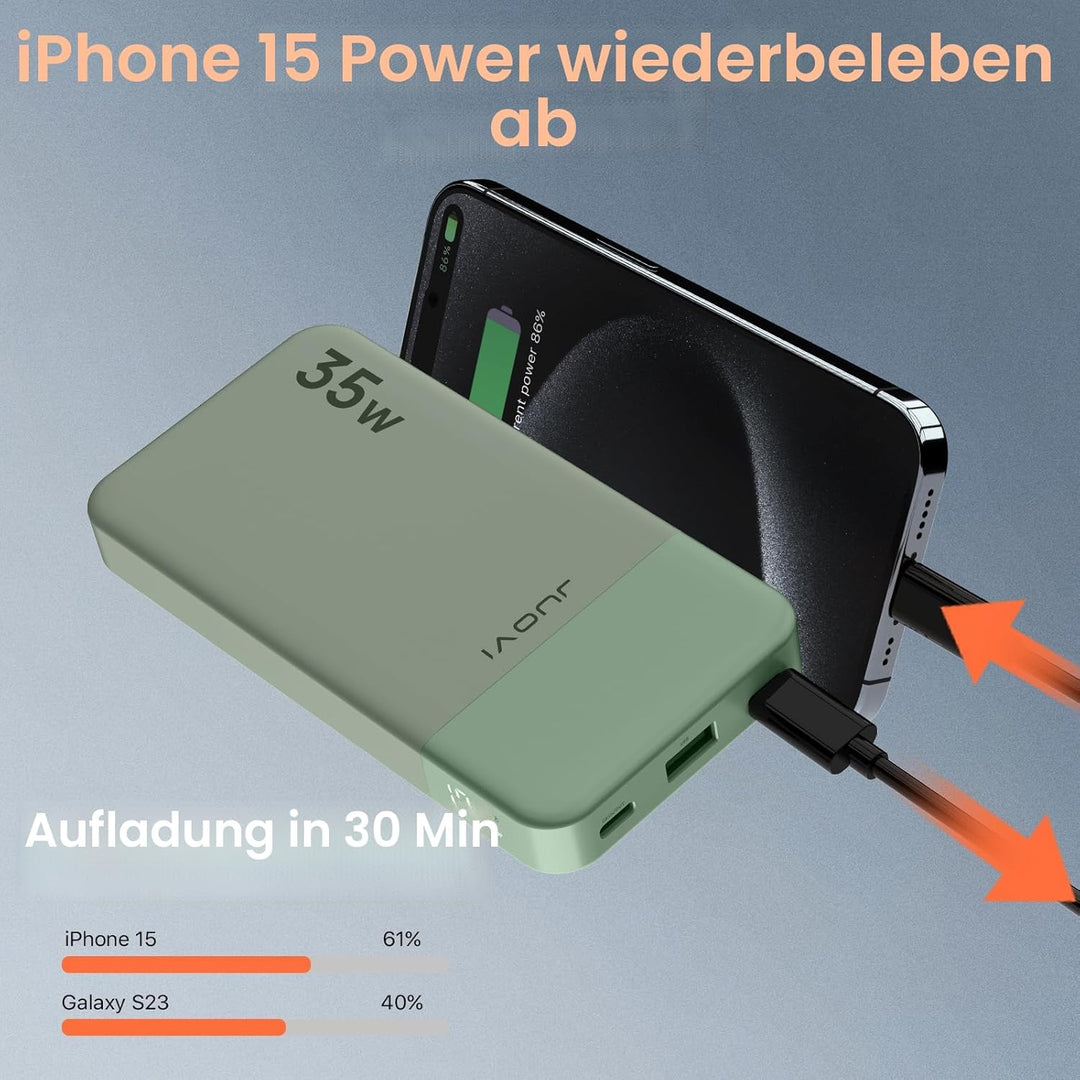 JUOVI Tragbare Powerbank 10000 mAh 35 W Schnellladung Tragbares Ladegerät mit PD 3.0 QC 4.0, 2 Typ-C
