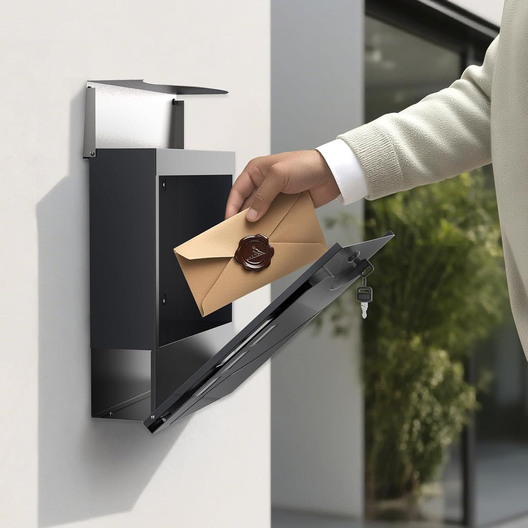Wiltec Designer Briefkasten V28 Anthrazit und Edelstahl 370 x 102 x 370 mm, Wandbriefkasten mit Schl