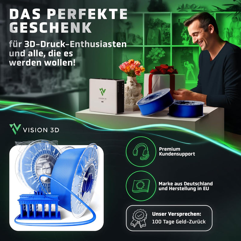 Vision 3D® PETG Filament 1.75 - [1KG Spule] 3D Drucker Filament PETG - Wasserfest, Hitze- & UV-bestä