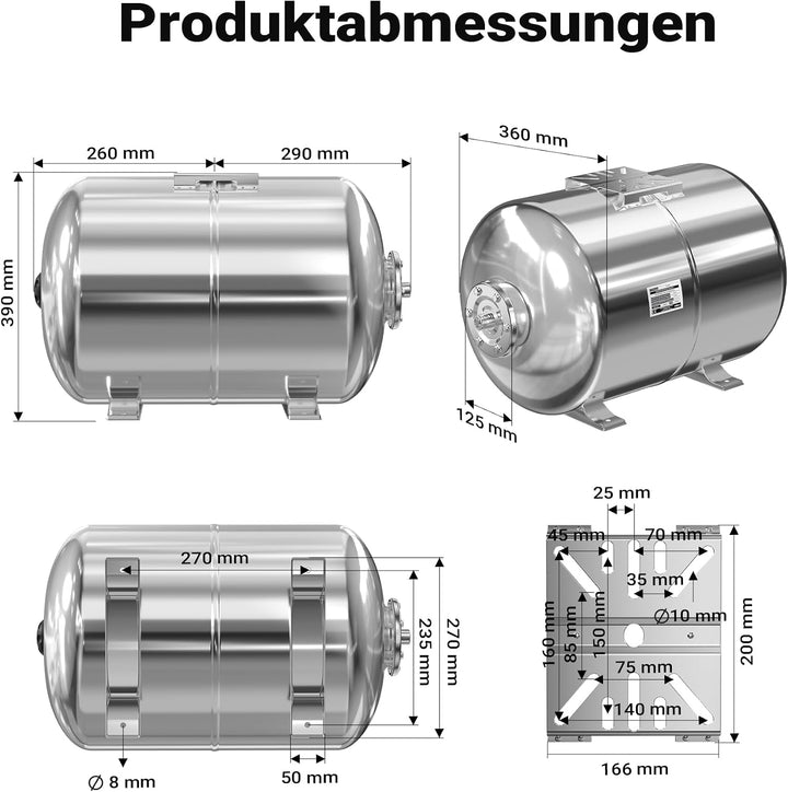 Wiltec Edelstahl Ausdehnungsgefäss 50 Liter, horizontaler Membrankessel für Hauswasserwerke und Druc
