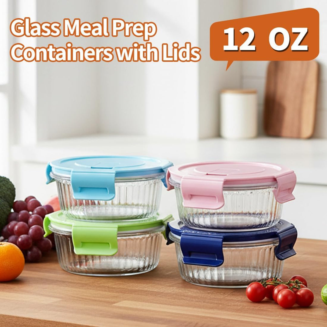 4 Pack Runde Glasbehälter Mit Deckel (1.5 Cup/370 ml) Glas-Frischhaltedosen Set für Meal Prep, Gefri