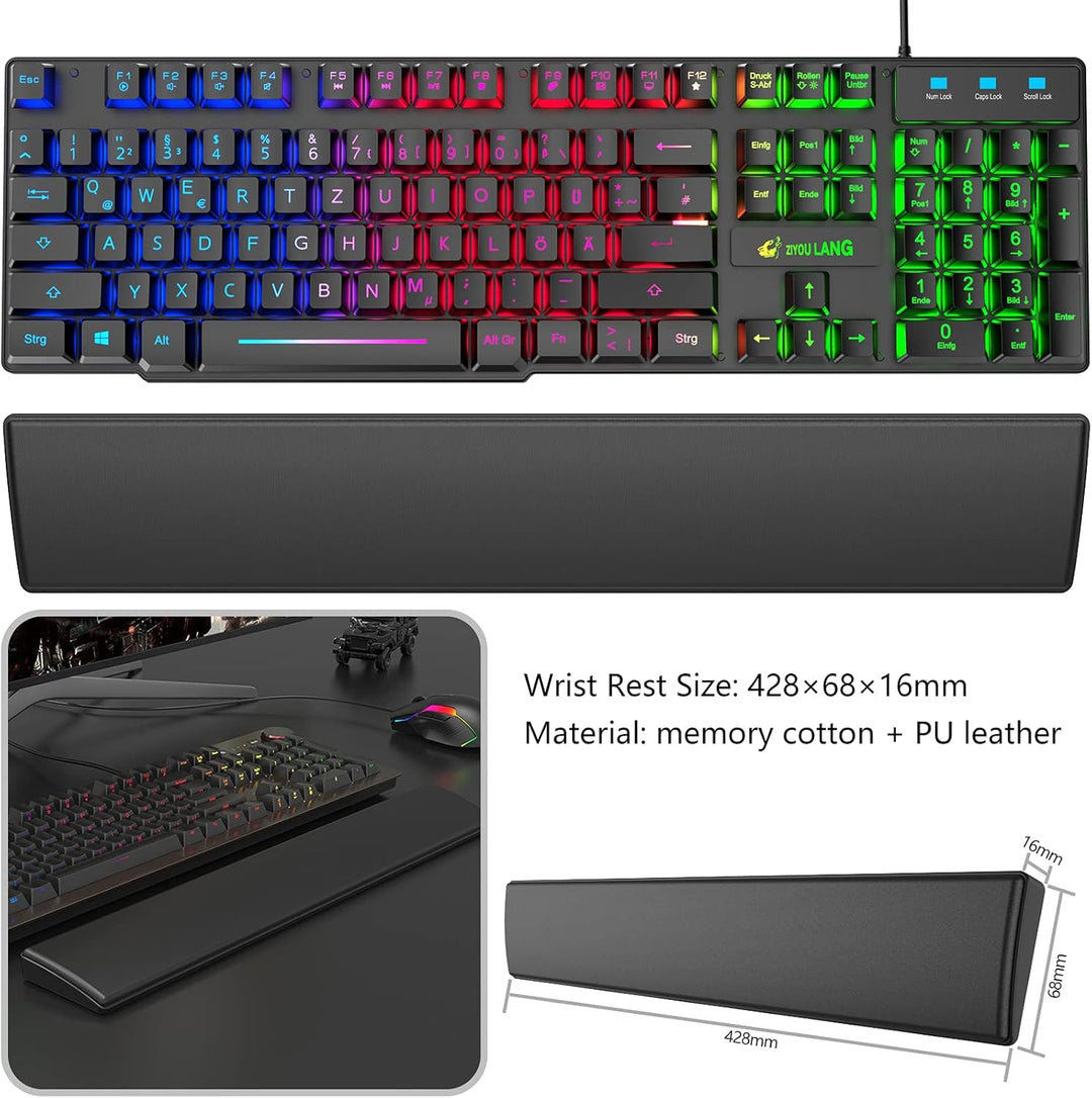 Gaming Tastatur und Maus mit Handballenauflage, QWERTZ Deutsches Layout Regenbogen LED Hintergrundbe