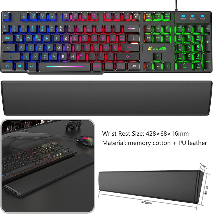 Gaming Tastatur und Maus mit Handballenauflage, QWERTZ Deutsches Layout Regenbogen LED Hintergrundbe