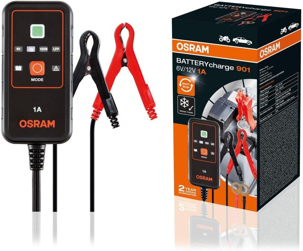 OSRAM BATTERYcharge 901, KFZ-Batteriewartungsgerät 6V & 12V, mobiles Batterieladegerät für Motorräde