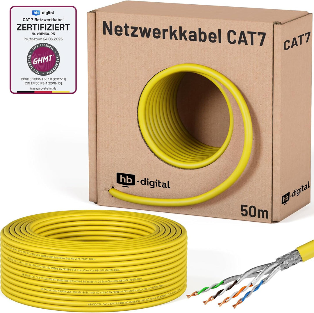 HB-DIGITAL 50m CAT.7 Netzwerkkabel LAN Kabel Verlegekabel AWG 23 Reines Kupfer S/FTP PiMF LSZH Halog