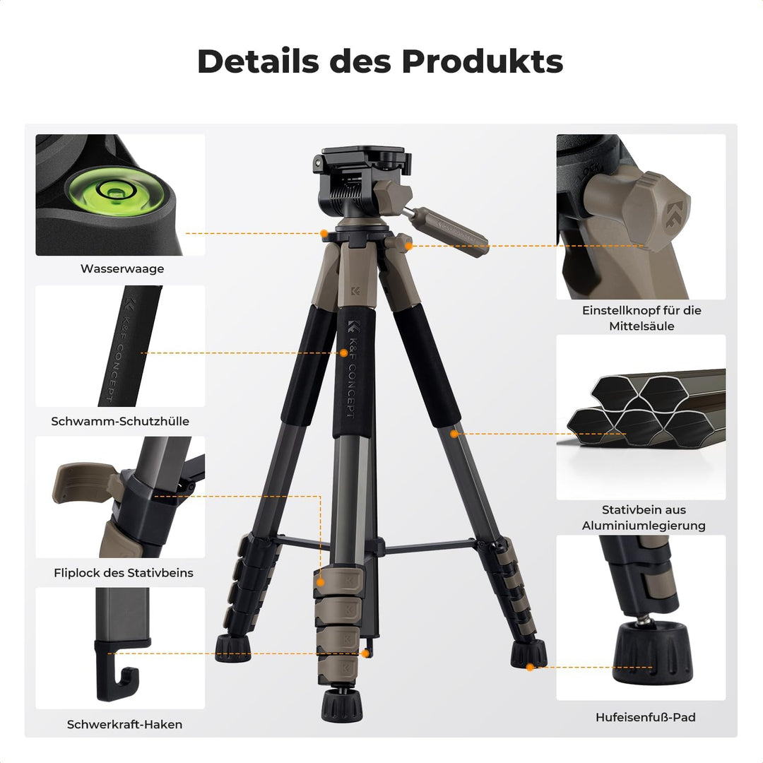 K&F CONCEPT Kamerastativ S255A3+BV01,Leichtes Stativ mit Tasche,190cm Handystativ,Tripod für Canon N