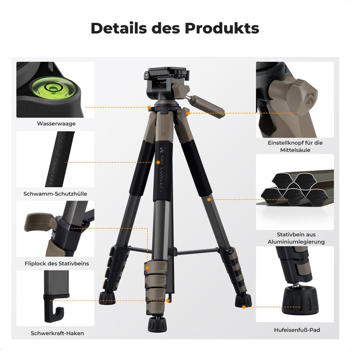 K&F CONCEPT Kamerastativ S255A3+BV01,Leichtes Stativ mit Tasche,190cm Handystativ,Tripod für Canon N