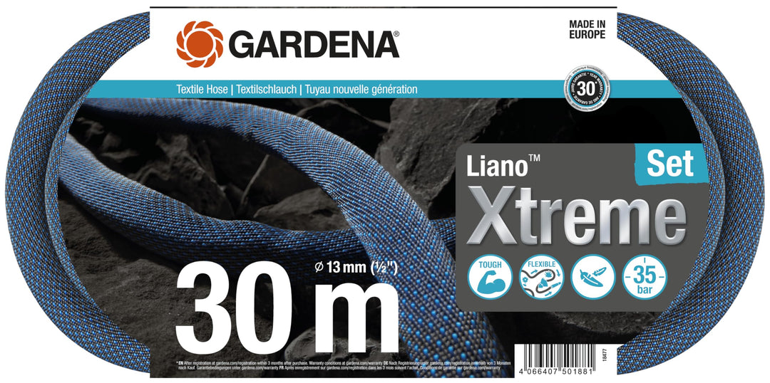 Gardena Liano Xtreme 1/2 Zoll, 30m Set: Extrem robuster Gartenschlauch aus Textilgewebe, mit PVC-Inn