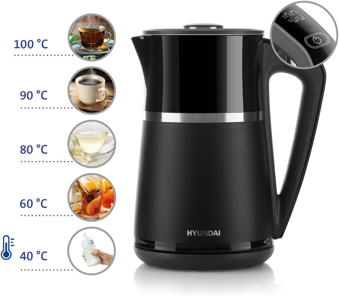 HYUNDAI VK 309 Edelstahl Wasserkocher I Doppelwandiger Wasserkocher I 1.7 Liter I 2200 Watt I 5 Temp
