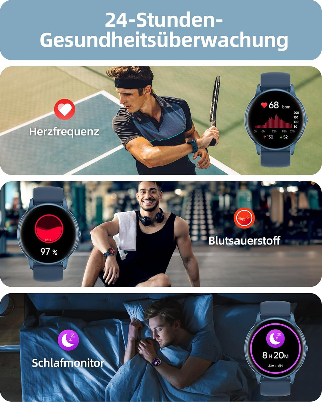 Parsonver Smartwatch Herren Rund mit Telefonfunktion, Fitnessuhr Damen Herren mit 100+ Sportmodi, He