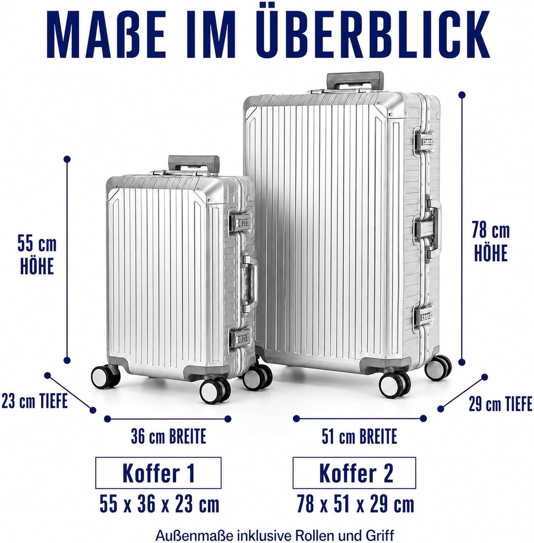 Travelhouse Tokyo Aluminium Reisekofferset Silber S-55cm &amp; XL-77cm 100% Aluminium Hartschalenkoffer