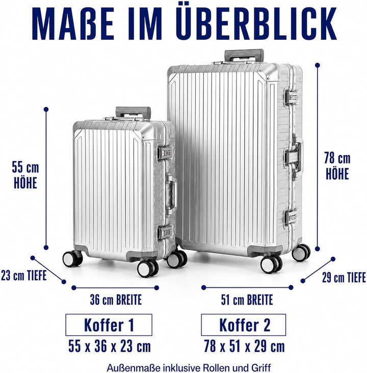 Travelhouse Tokyo Aluminium Reisekofferset Silber S-55cm &amp; XL-77cm 100% Aluminium Hartschalenkoffer
