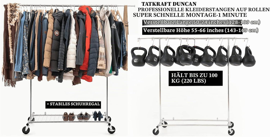 Tatkraft Duncan Schwerlast 100 kg Kleiderstange mit Schuhregal, Faltbare Schwerlast Kleiderständer a