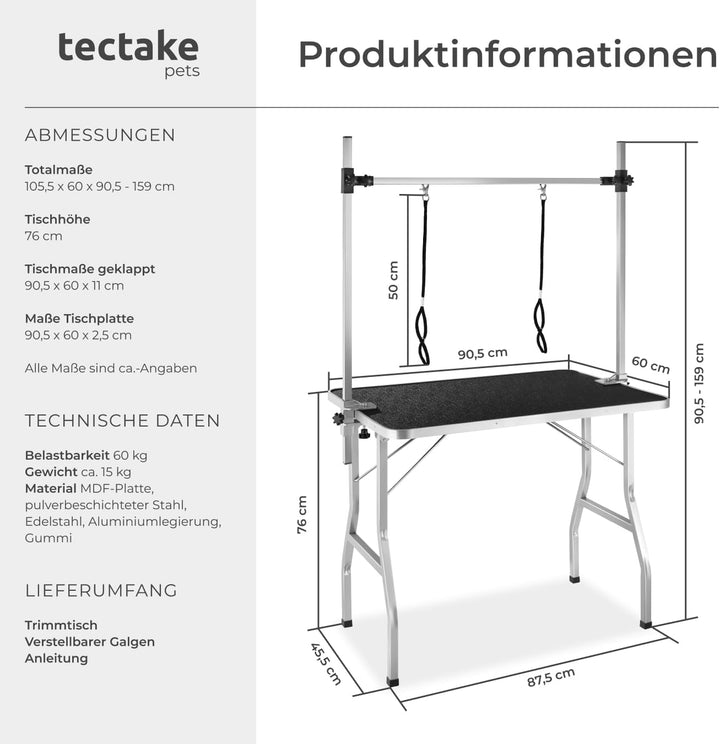 TecTake 402893 Trimmtisch für Hunde/Katzen mit höhenverstellbarem Galgen und 2 Schlingen, Klappbar,