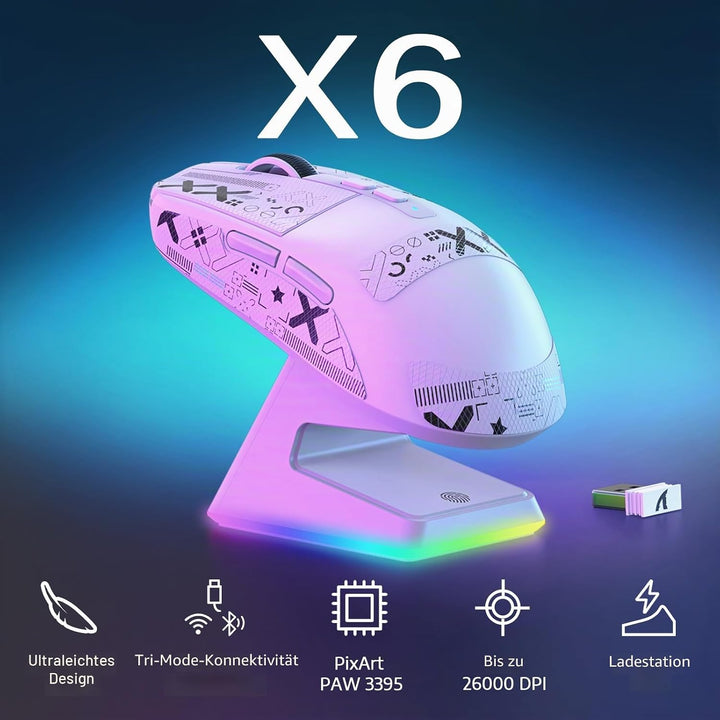 VGN Game Power Attack Shark X6 Superlight Kabellose Gaming-Maus mit RGB Ladestation, 49g Ultraleicht