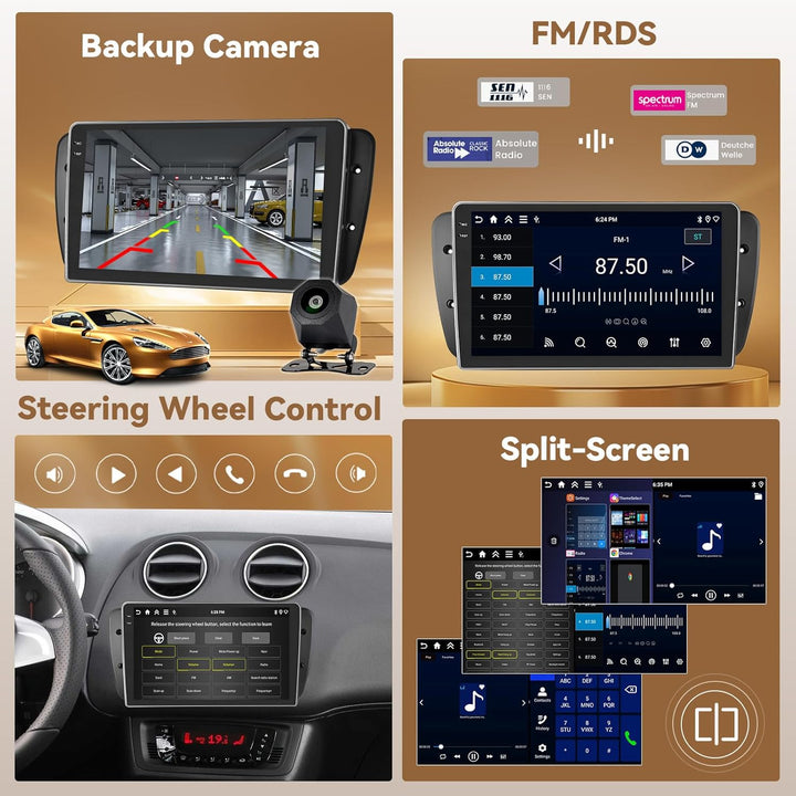 Hikity Android 15 4+64G Autoradio für Seat Ibiza 6J 2009-2014 mit 9 Zoll Incell Touchscreen, Autorad