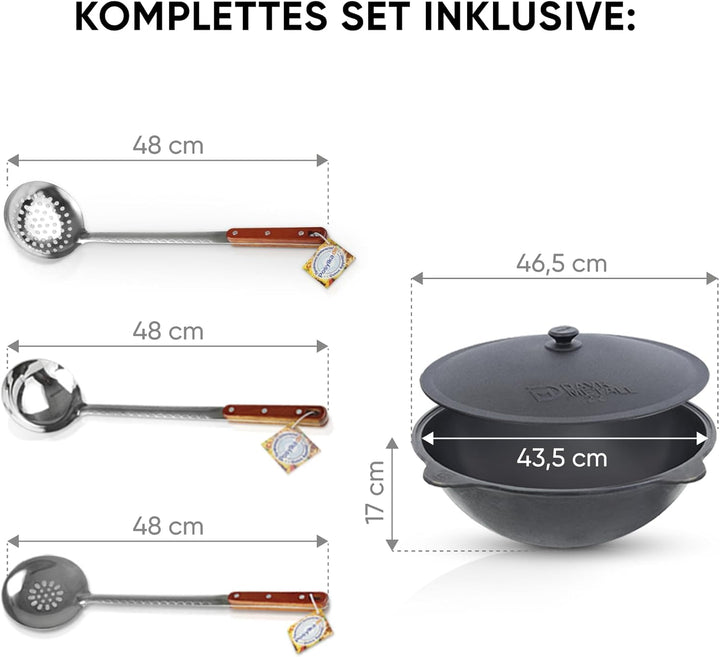 Utschak Feuerofen Ø 44cm mit Usbekisch Kazan Gusseisen 16L | Ablage Räder Adapter-Ring Schaumlöffel