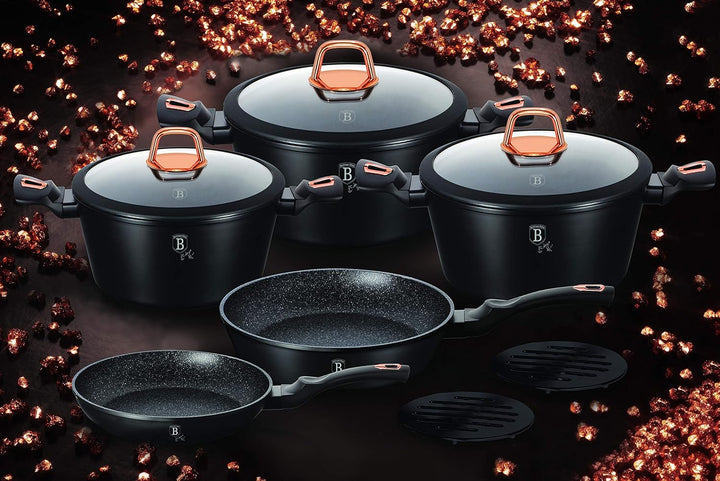 Topfset, Schwarz, Rosa, Marmor-Beschichtung, Aluminium, Turbo-Induktion, 10-teilig