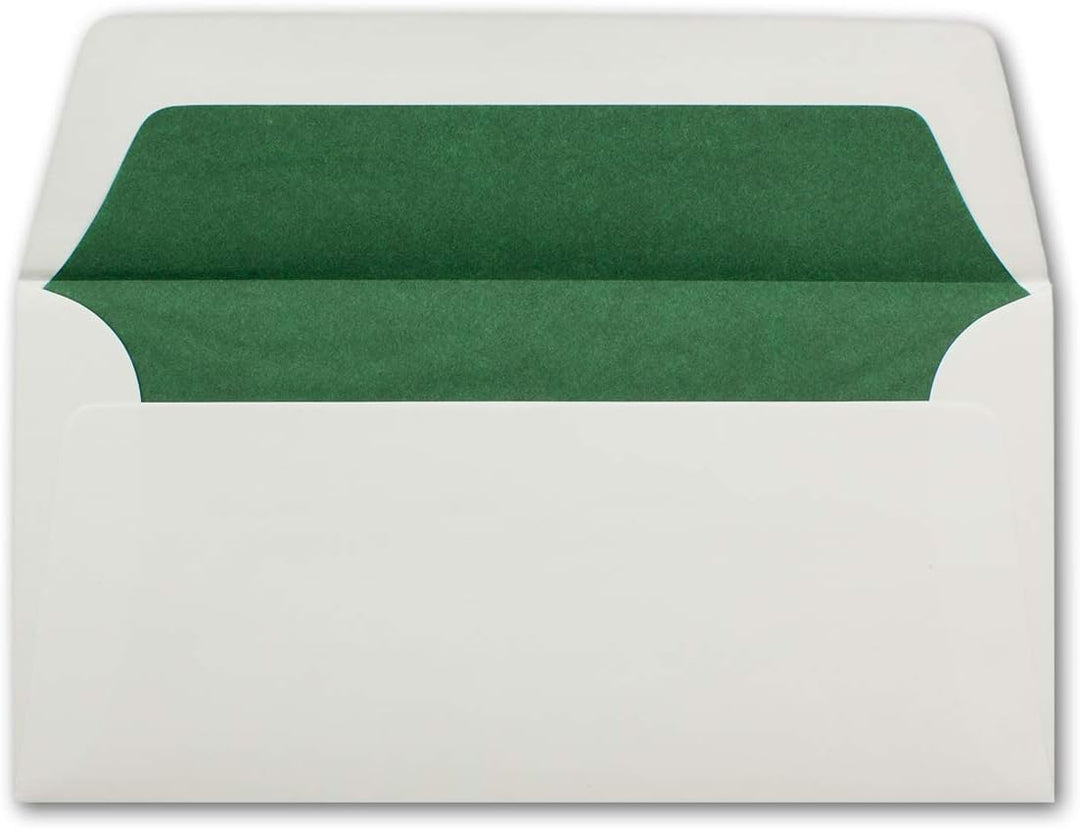 150 Briefumschläge Weiss - DIN Lang - gefüttert mit dunkelgrünem Seidenpapier - 22 x 11 cm - Nasskle