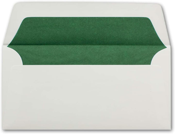 150 Briefumschläge Weiss - DIN Lang - gefüttert mit dunkelgrünem Seidenpapier - 22 x 11 cm - Nasskle