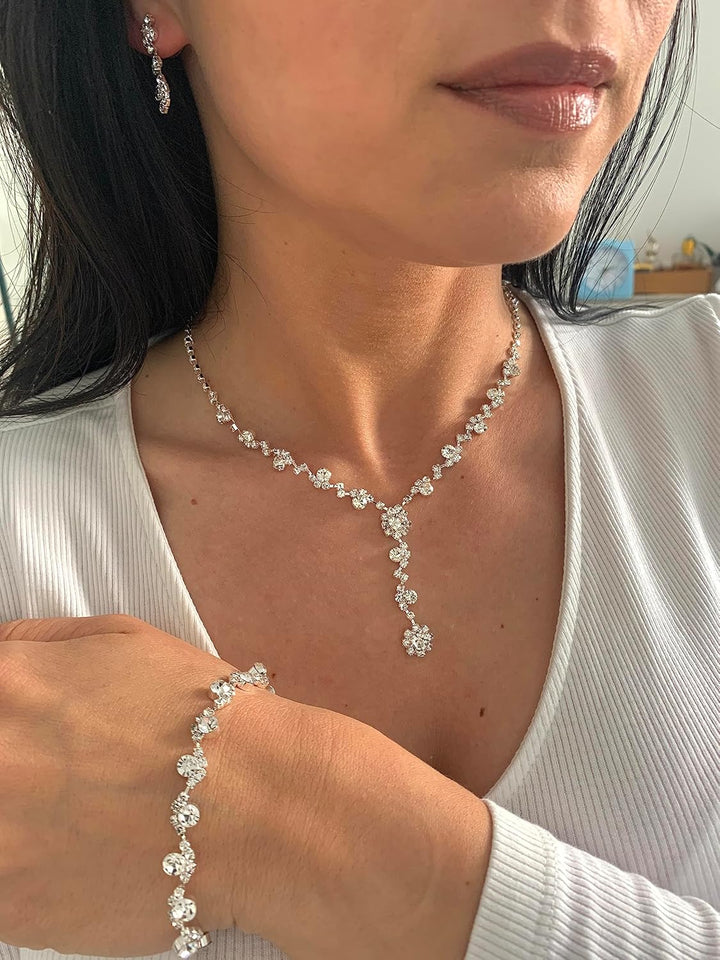 ONDEGO® 3er Set Y SILBER Strass Schmuck Kette Schmuckset Armband Hochzeit Collier Halskette Brautsch