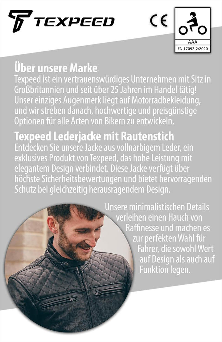 Texpeed Motorrad lederjacke herren mit protektoren - Leder mit Rautensteppung - Motorrad Mit Origina
