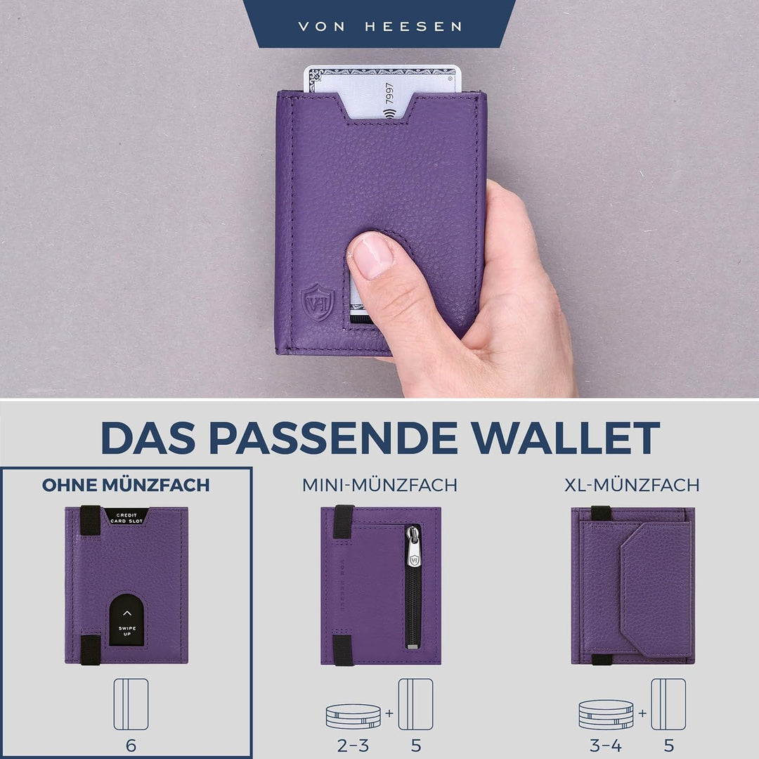 VON HEESEN Leder Slim Wallet - Geldbeutel mit RFID Schutz - Mini Geldbörse für Herren und Damen - Ka