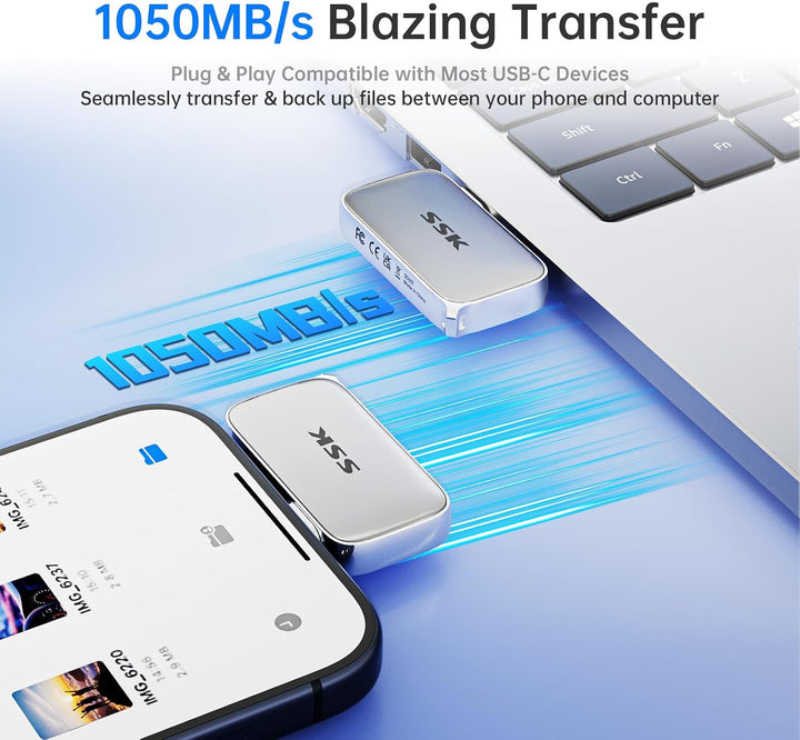 SSK 1TB Externe SSD, USB-C Portable SSD Festplatte Extern bis zu 1050MB/s | USB3.2 Gen2 Plug‑&amp;‑Play,
